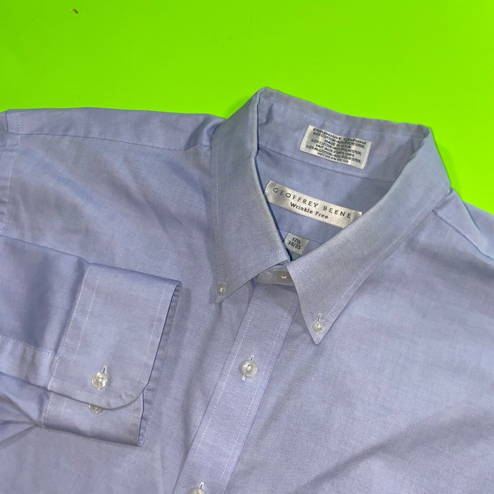Geoffrey Beene Men Blue Pinpoint Oxford Wrinkle Fre Button Down Shirt 17.5 34/35